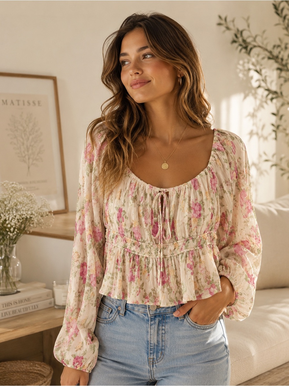 Floral long sleeve Blouse - Pink/Cream